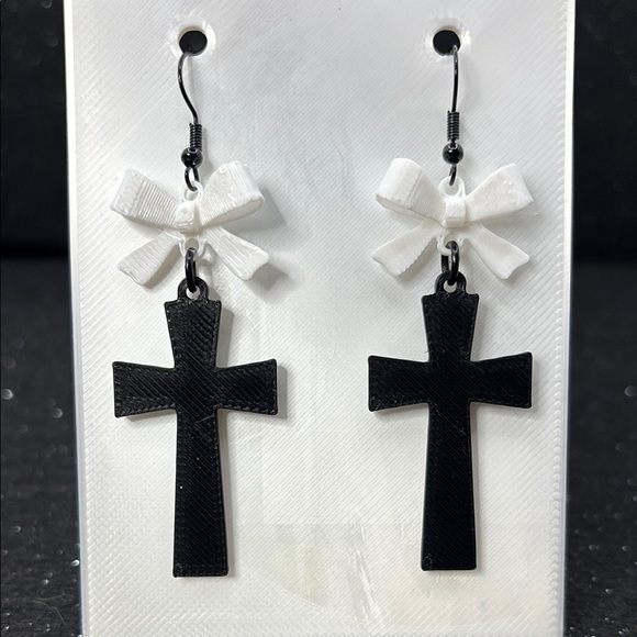 Handmade Jewelry - Black Cross Earrings with White Bows